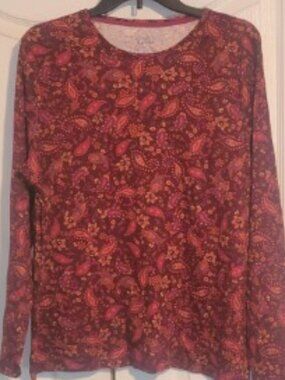 Croft & Barrow The Classic Tee Women’s XXL Burgundy Paisley Long Sleeve NWOT